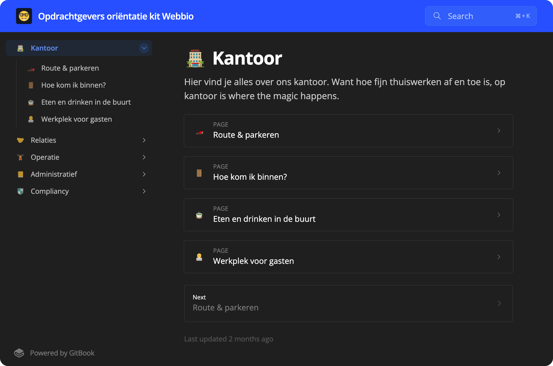 Screenshot van de Webbio opdrachtgevers oriëntatie kit in GitBook
